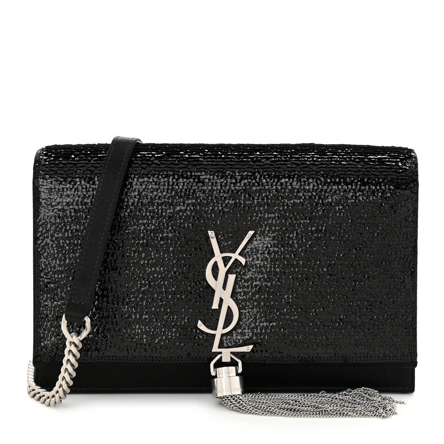 Satin Sequins Classic Monogram Kate Tassel Chain Wallet Black