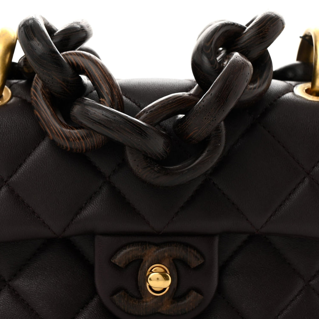 Lambskin Wenge Quilted Mini Fashion Wood Square Flap Dark Purple