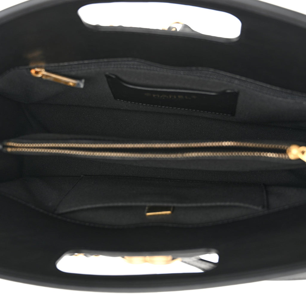 Aged Calfskin Quilted Graphic Catch Shopping Bag Black