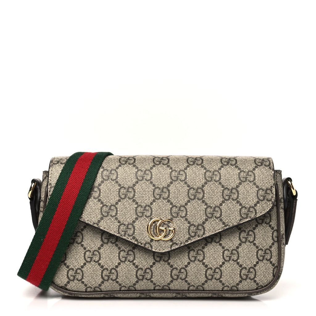 GG Supreme Monogram Textured Dollar Calfskin Web Mini Ophidia Envelope Shoulder Bag Beige Ebony