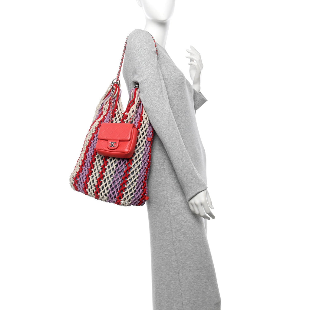 Lambskin Mixed Fibers Large Shopping Bag Red Purple White