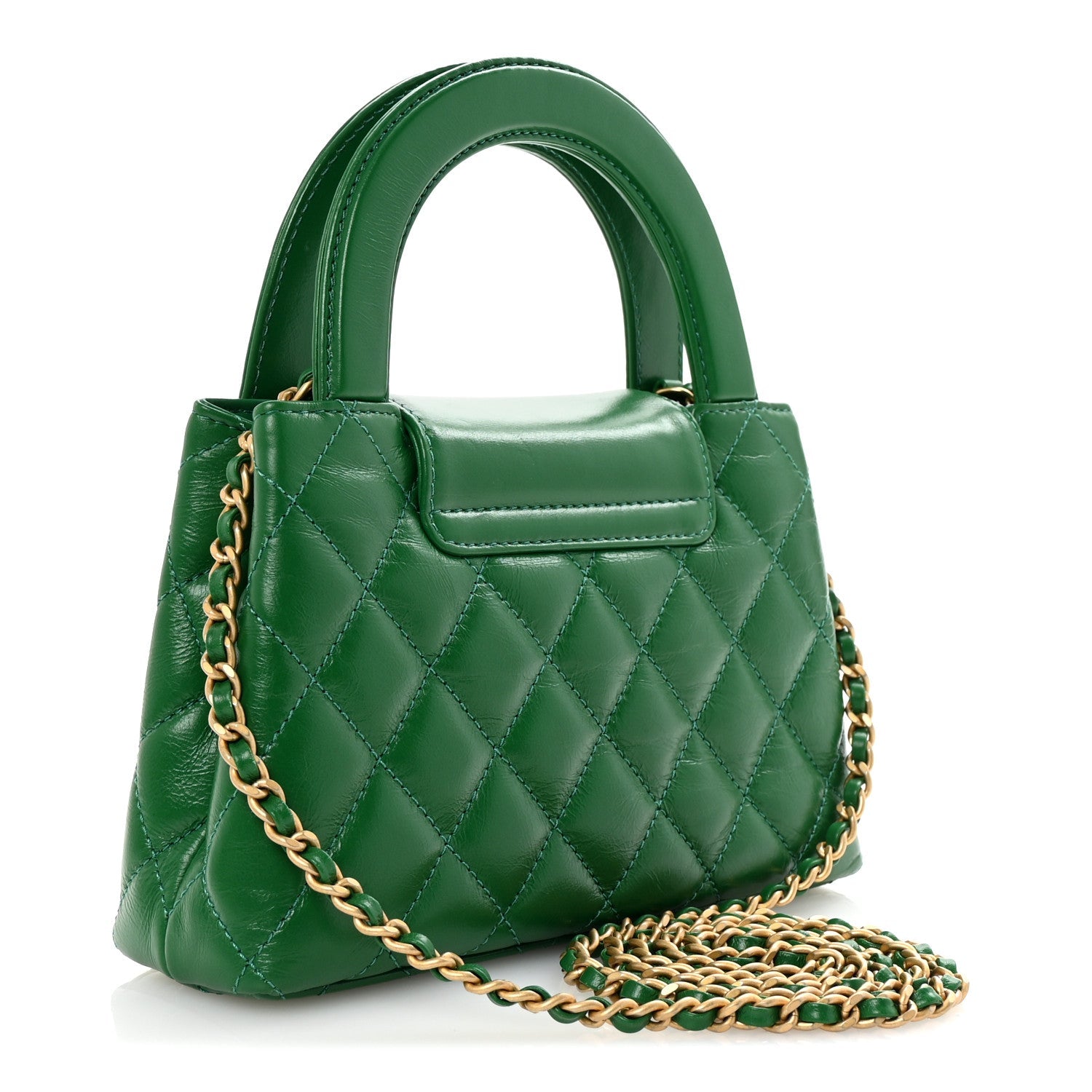 Shiny Aged Calfskin Quilted Nano Kelly Shopper Green