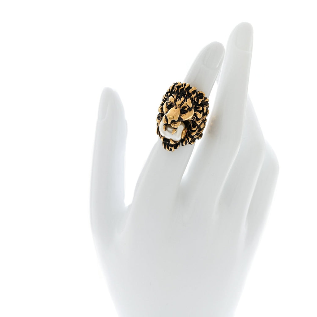 Metal Glass Pearl Lion Head Ring 10 62 Aged Gold