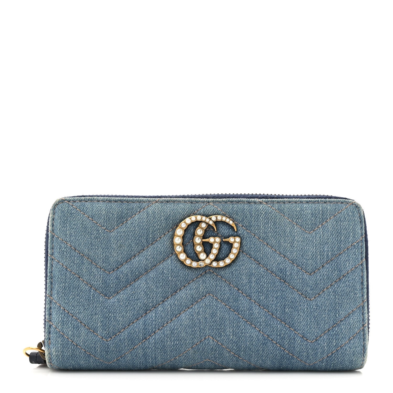 Denim Matelasse Pearly GG Marmont Zip Around Wallet Blue