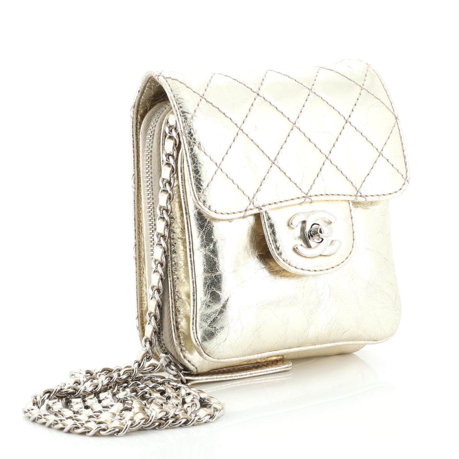 Wallet on Chain Flap Bag Quilted Metallic Calfskin Mini