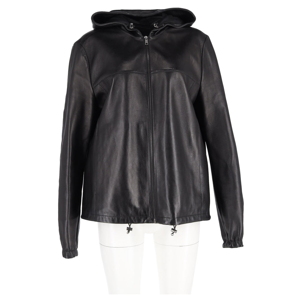 Prada Zipped Hooded Jacket in Black Leather