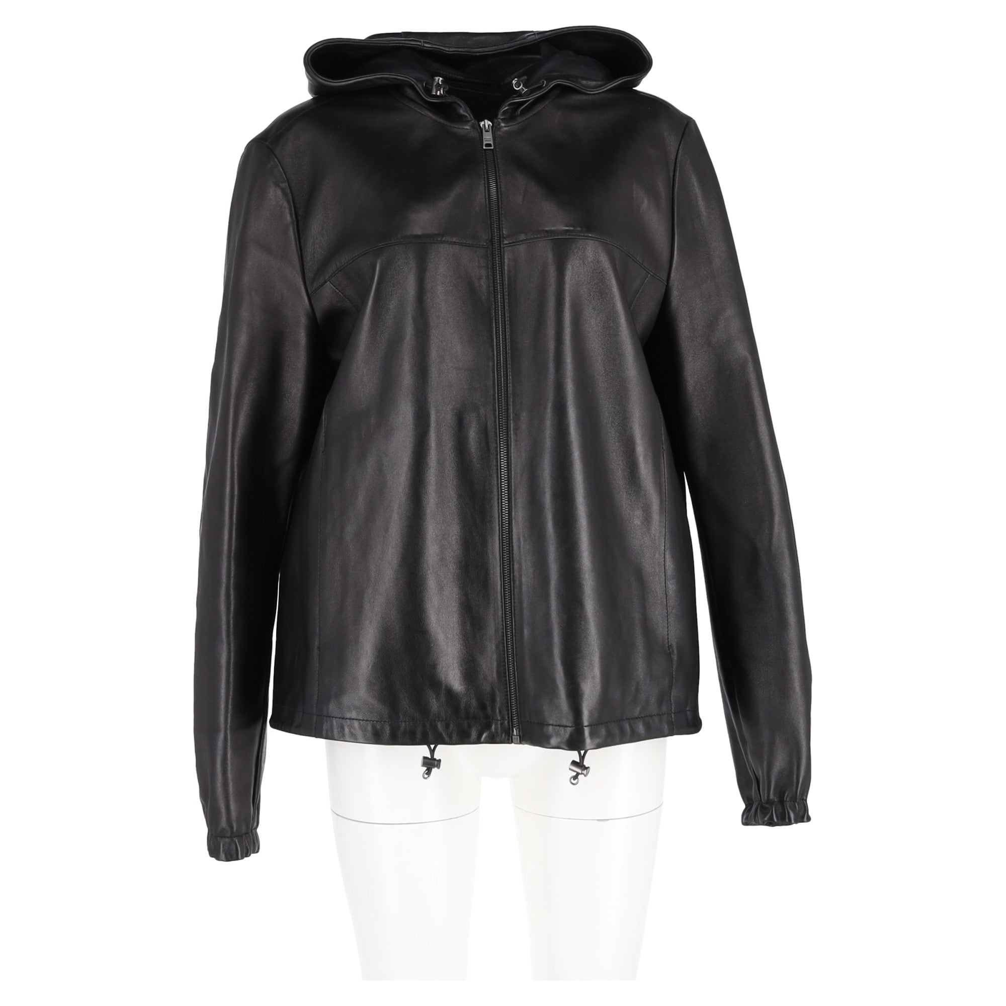 Prada Zipped Hooded Jacket in Black Leather