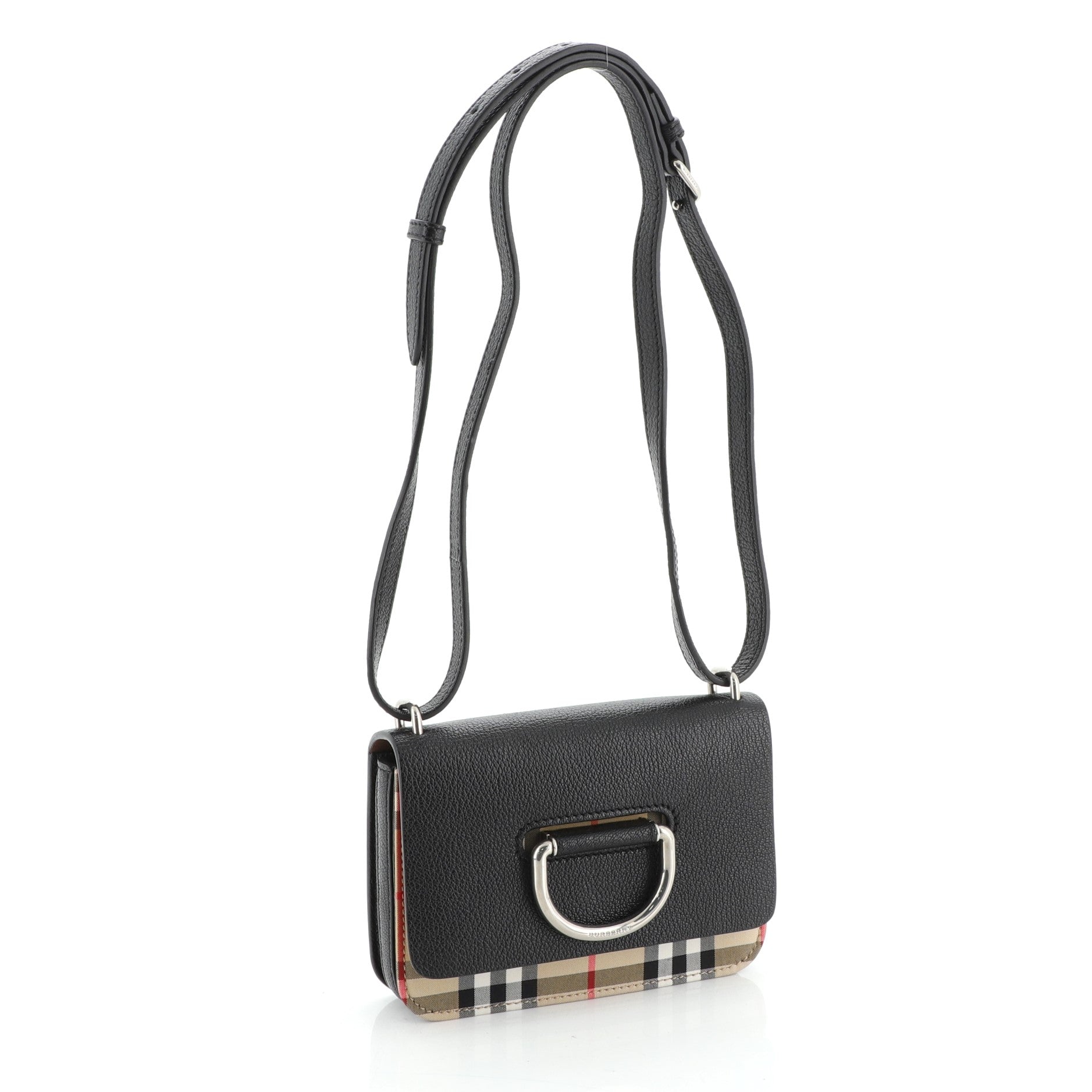 D-Ring Shoulder Bag Leather with Vintage Check Canvas Mini