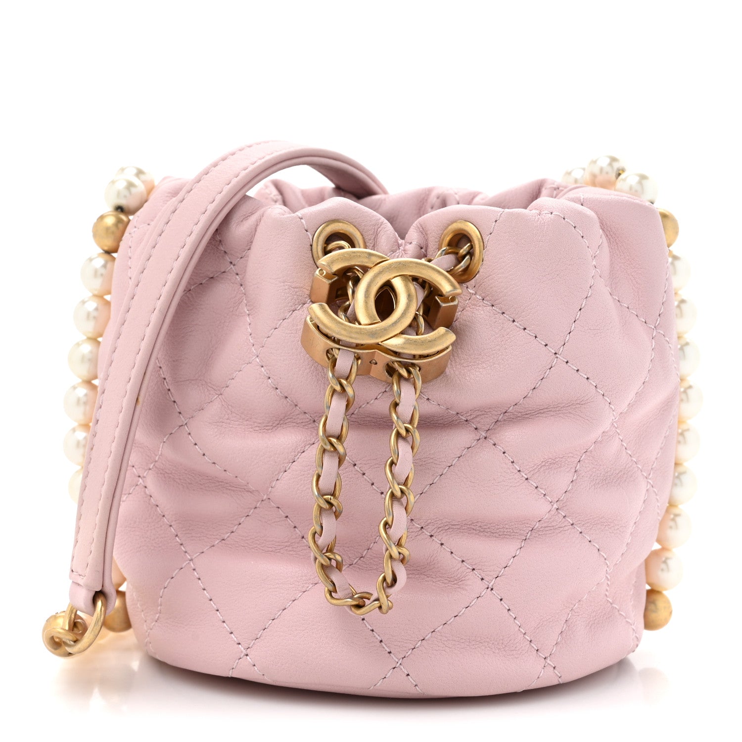Calfskin Quilted Pearl Mini About Pearls Drawstring Bucket Light Pink