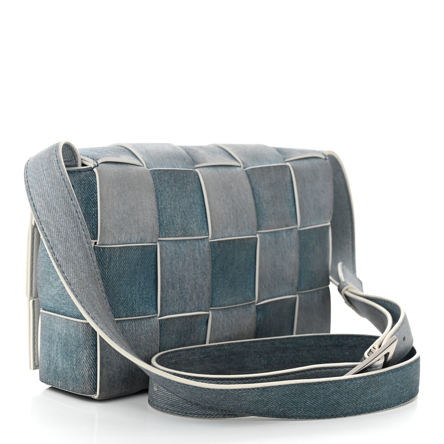 Calfskin Denim Print Maxi Intreccio Cassette Crossbody Bag Blue