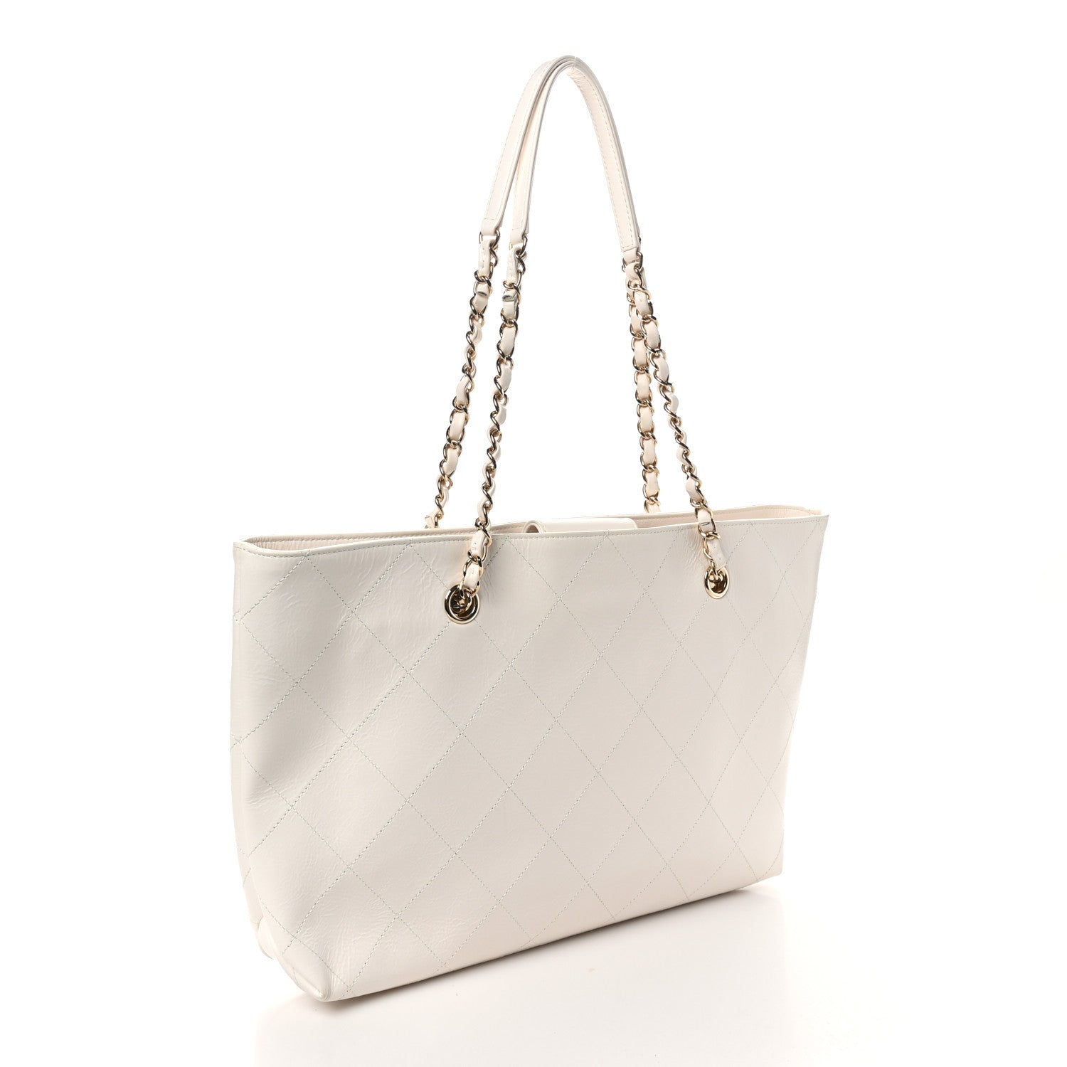Glazed Calfskin Stitched Shopping Tote White