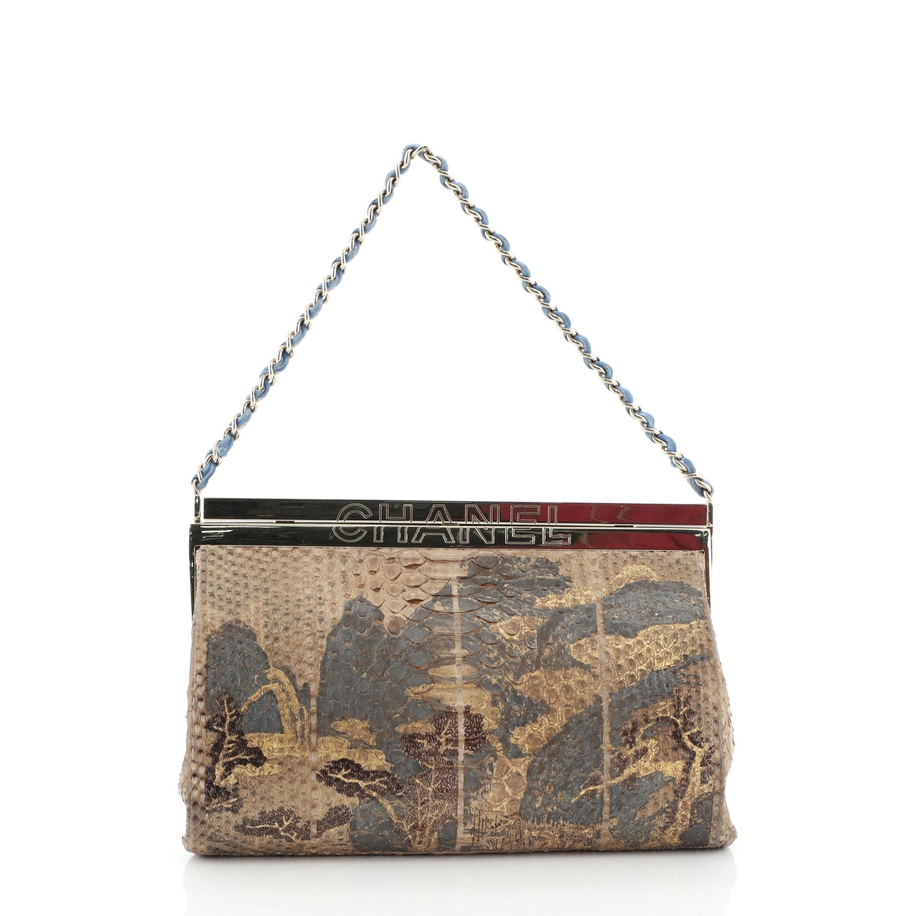 Vintage Chain Frame Clutch Hand Painted Python