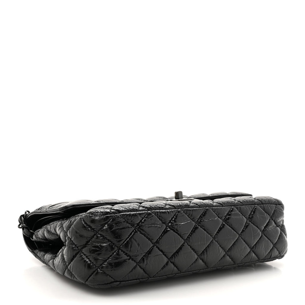 Shiny Crumpled Calfskin Quilted Medium Double Flap So Black