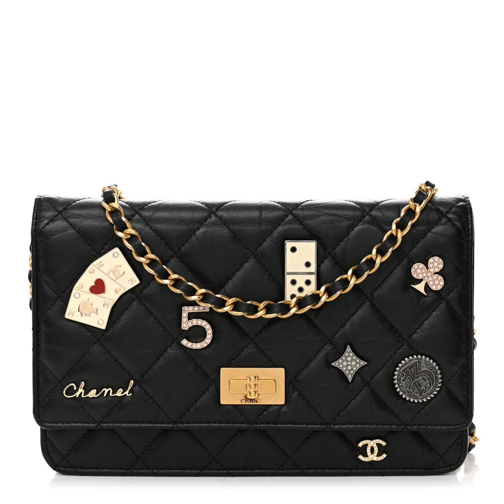 Aged Calfskin Lucky Charms Casino 2.55 Reissue Wallet on Chain WOC Black