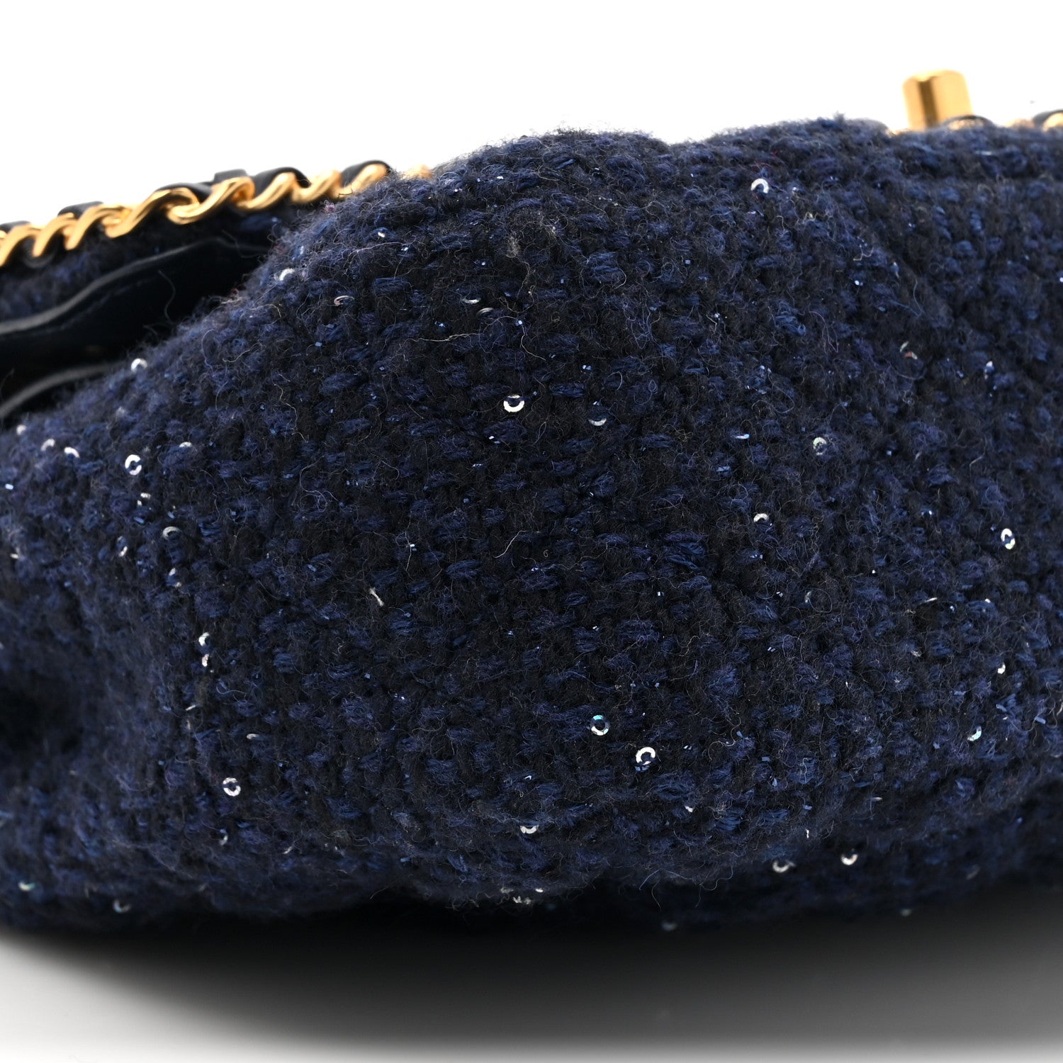 Tweed Sequin Timeless Classic Chained Double Flap Navy Blue