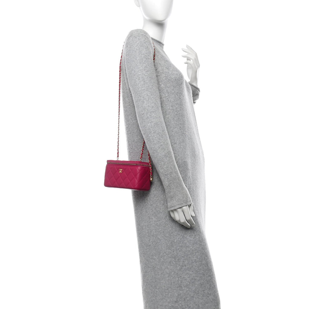 Lambskin Quilted Small Pearl Crush Vanity Case With Chain Fuchsia