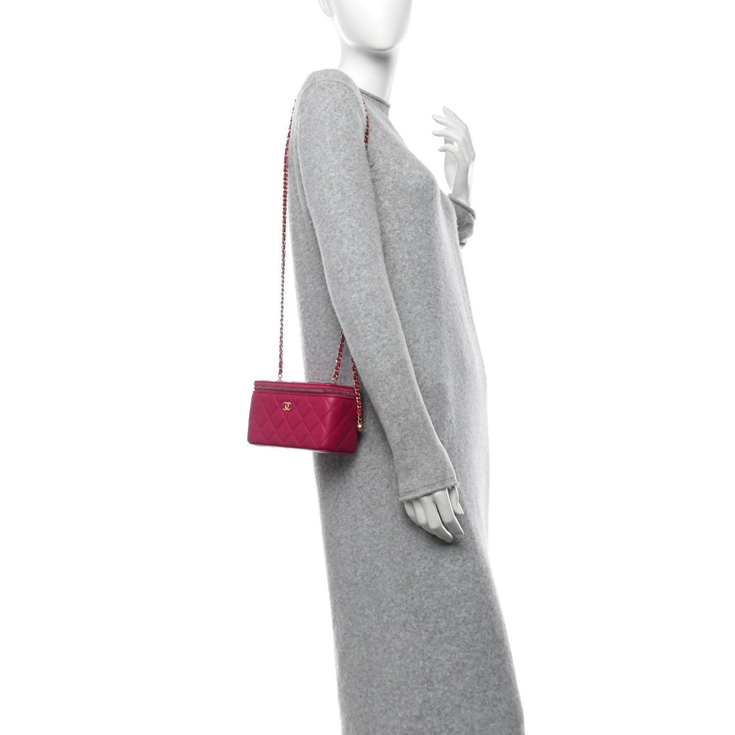 Lambskin Quilted Small Pearl Crush Vanity Case With Chain Fuchsia