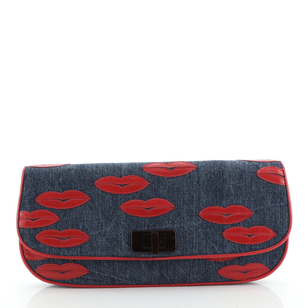 Lips Flap Clutch Denim with Applique