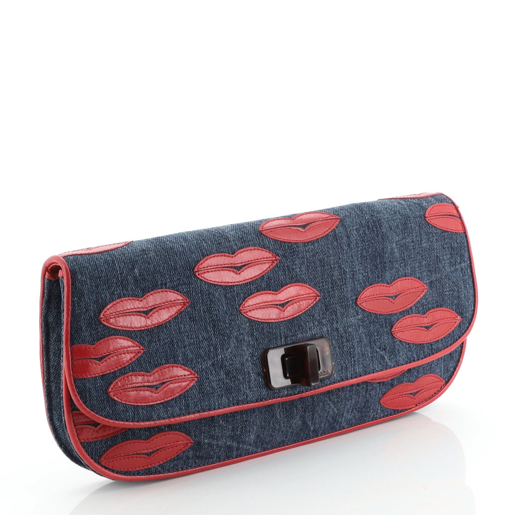 Lips Flap Clutch Denim with Applique