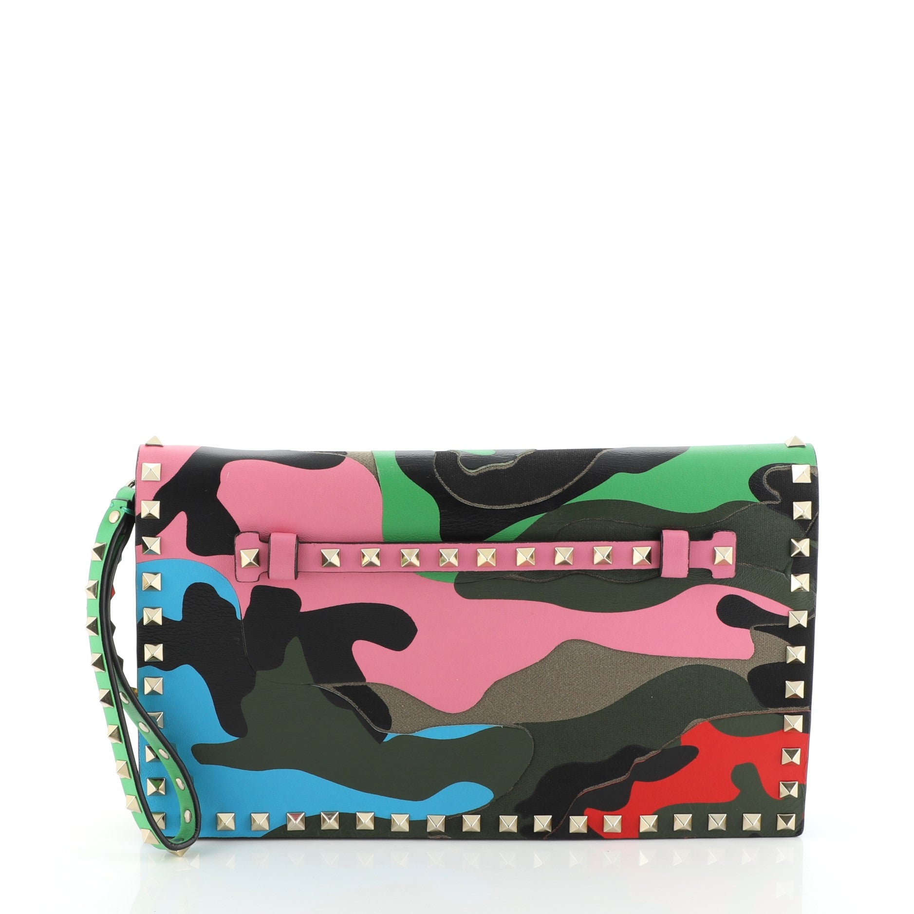 Rockstud Flap Clutch Camo Leather and Canvas