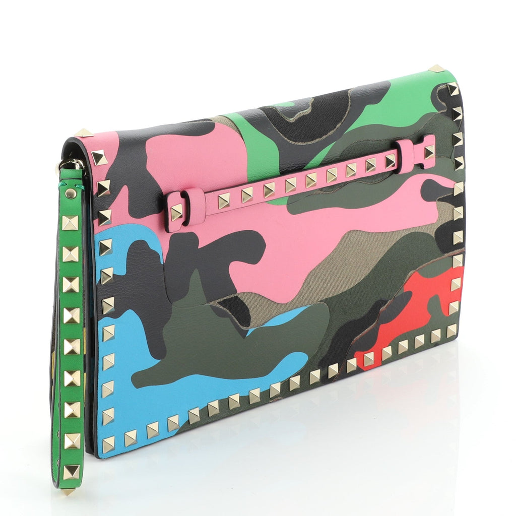 Rockstud Flap Clutch Camo Leather and Canvas