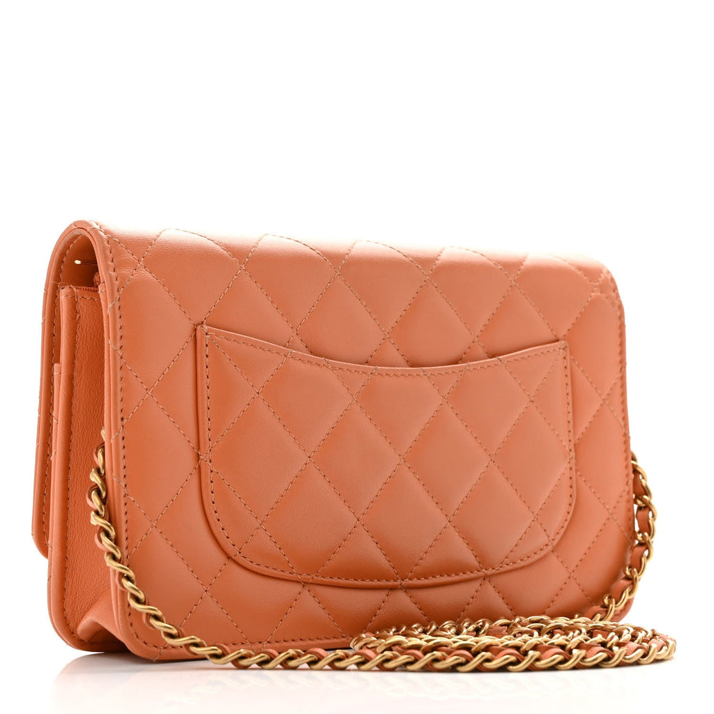 Lambskin Quilted Studded CC Wallet On Chain WOC Orange