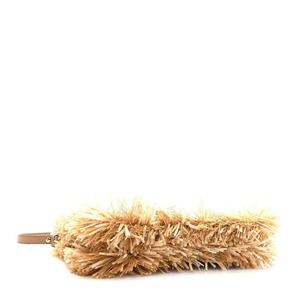 Jacquard Raffia Vitello FF Baguette Chain Pouch Beige