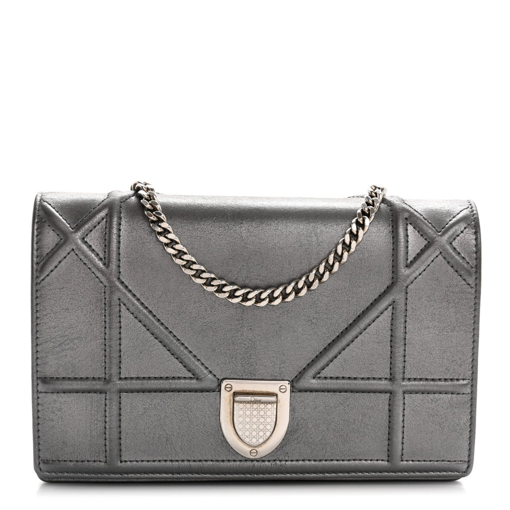 Metallic Grained Calfskin Diorama Wallet on Chain Pouch Gunmetal Grey