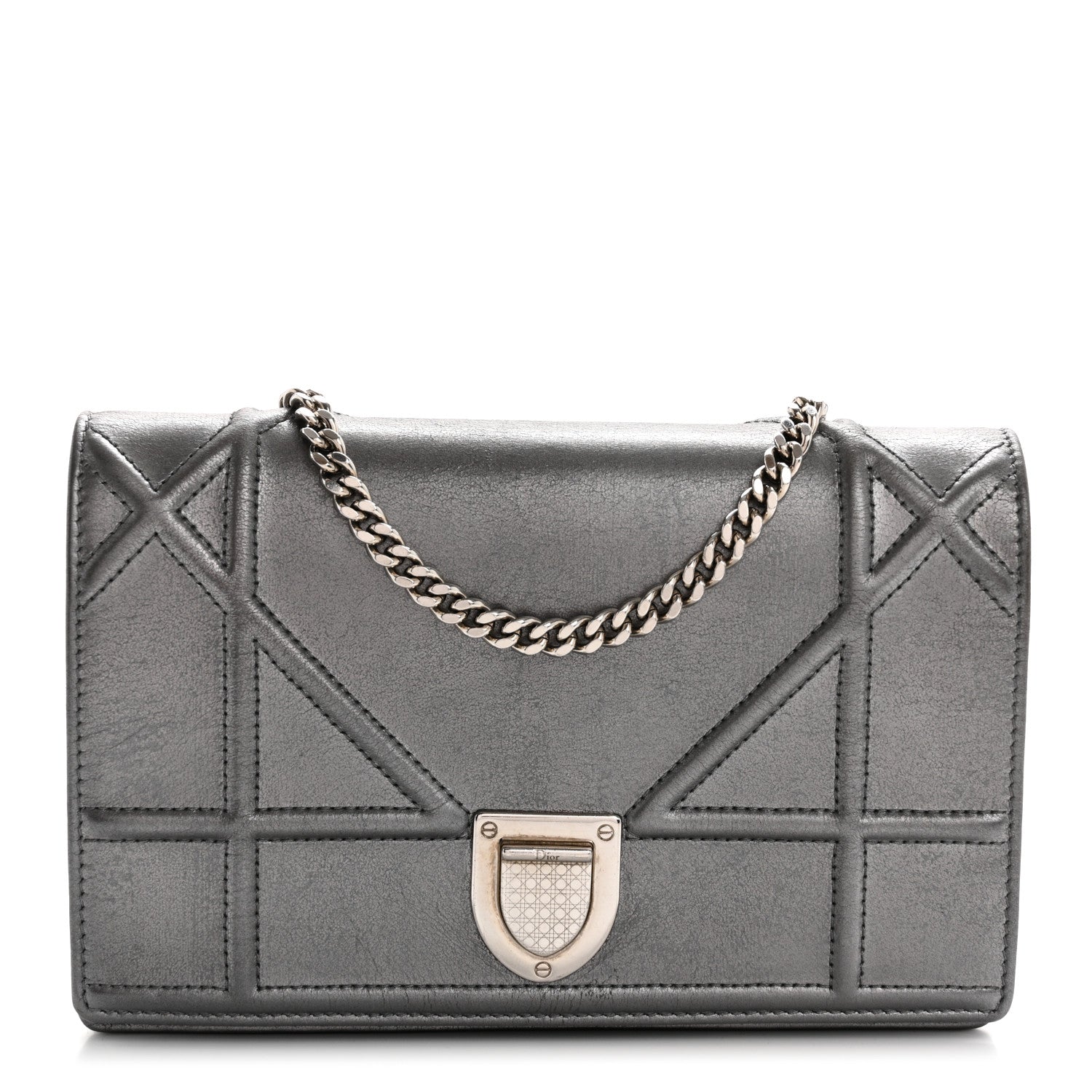 Metallic Grained Calfskin Diorama Wallet on Chain Pouch Gunmetal Grey