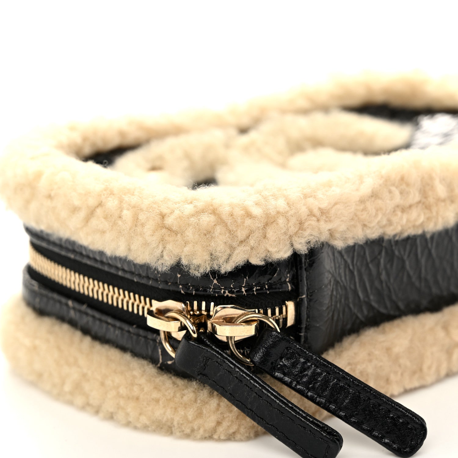 Shiny Crumpled Sheepskin Shearling Waist Bag Black Beige