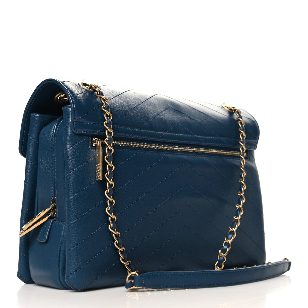 Lambskin Chevron Stitched Large Envelope Flap Blue