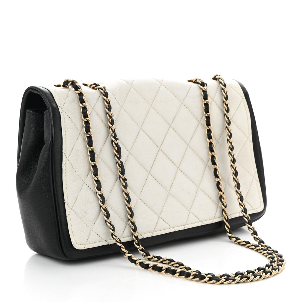 Calfskin Quilted Graphic Flap Bag Black White