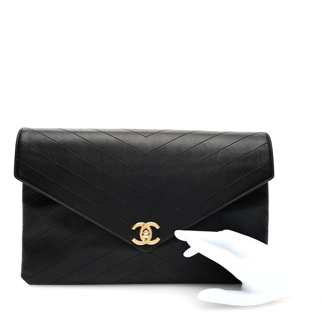 Lambskin Chevron Quilted Envelope Clutch Black