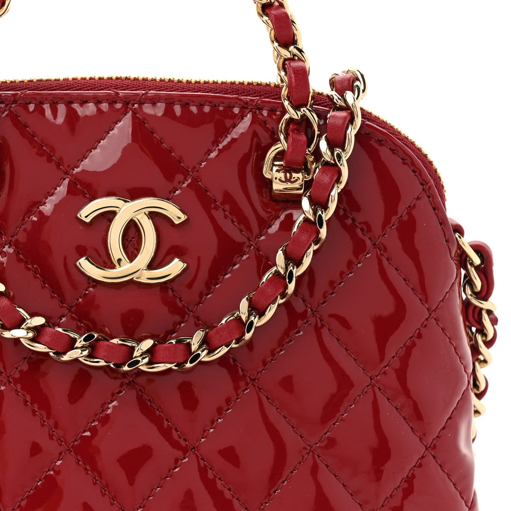 Patent Calfskin Quilted Shiny Coco Clutch With Chain Red