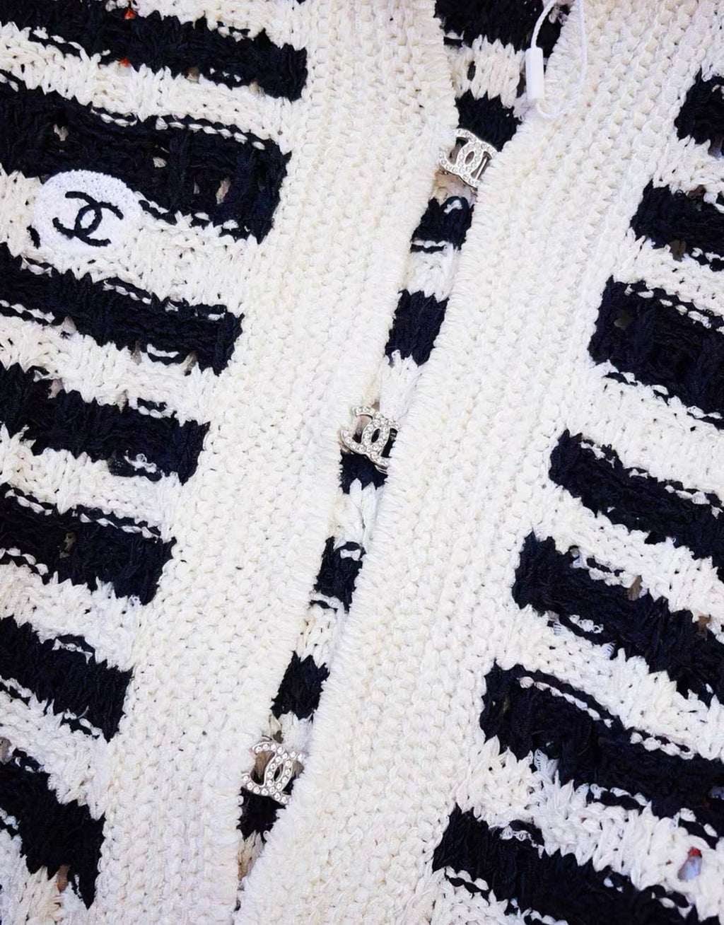 Chanel 24S black and white striped colorful polka dot navy collar knitted top size 36