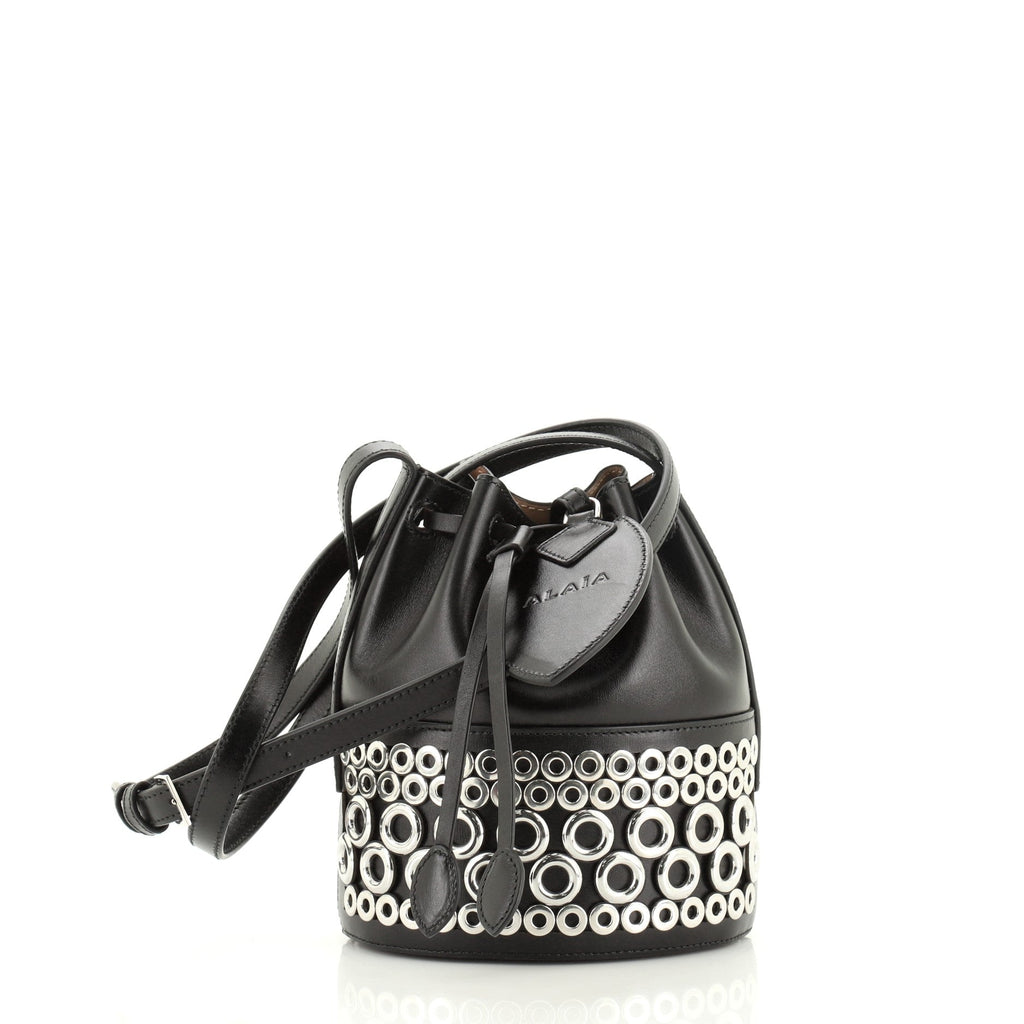 Drawstring Bucket Bag Grommet Embellished Leather Mini