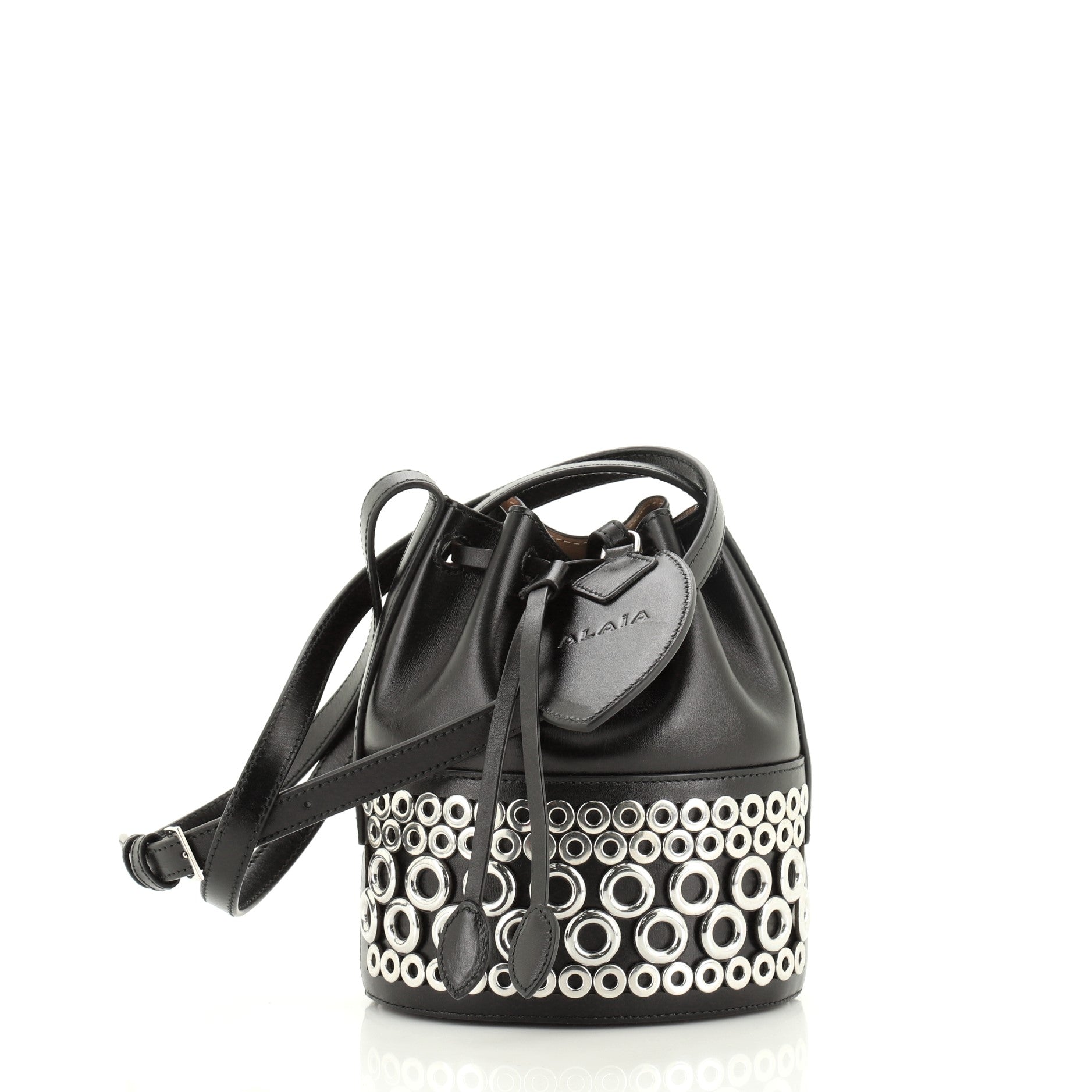 Drawstring Bucket Bag Grommet Embellished Leather Mini