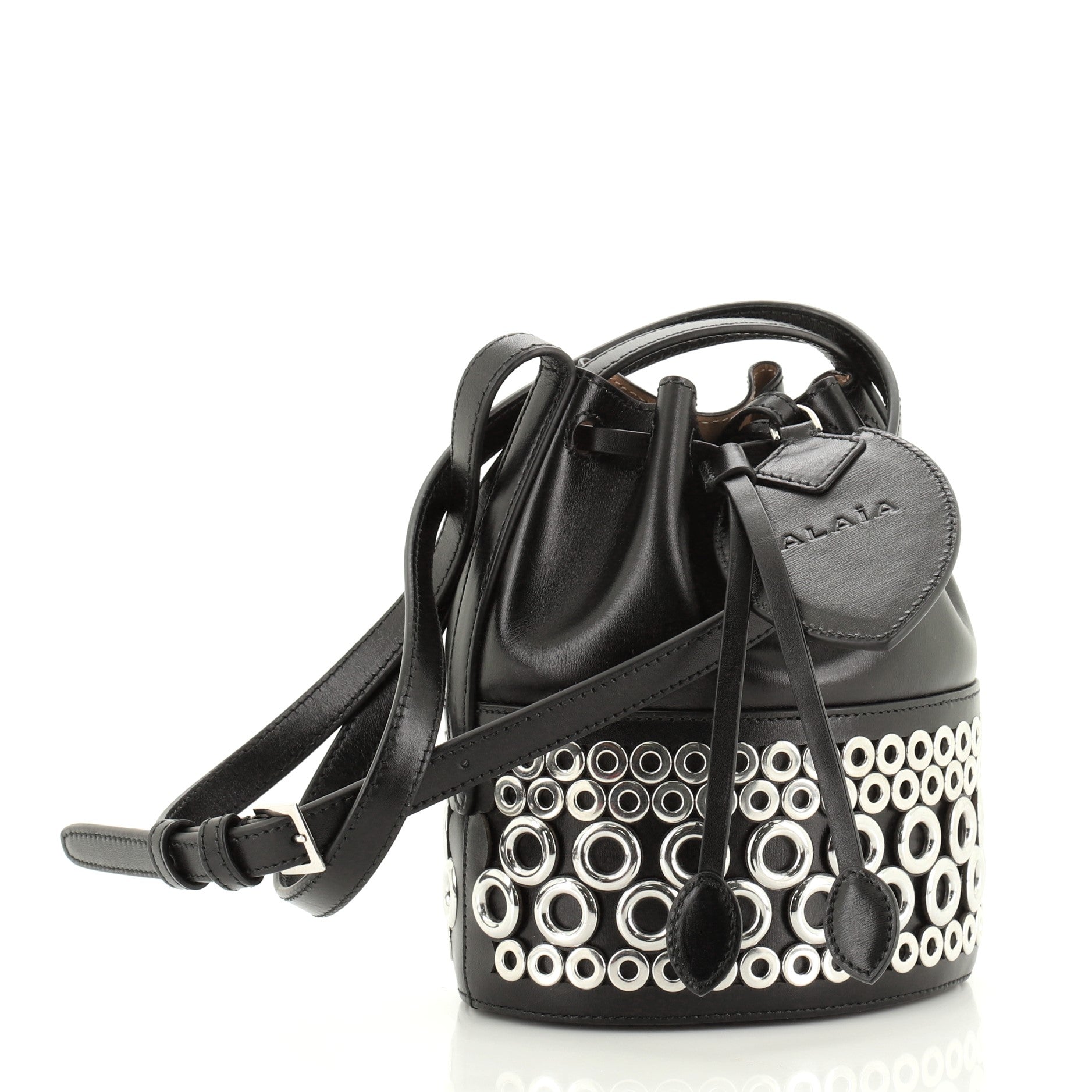 Drawstring Bucket Bag Grommet Embellished Leather Mini
