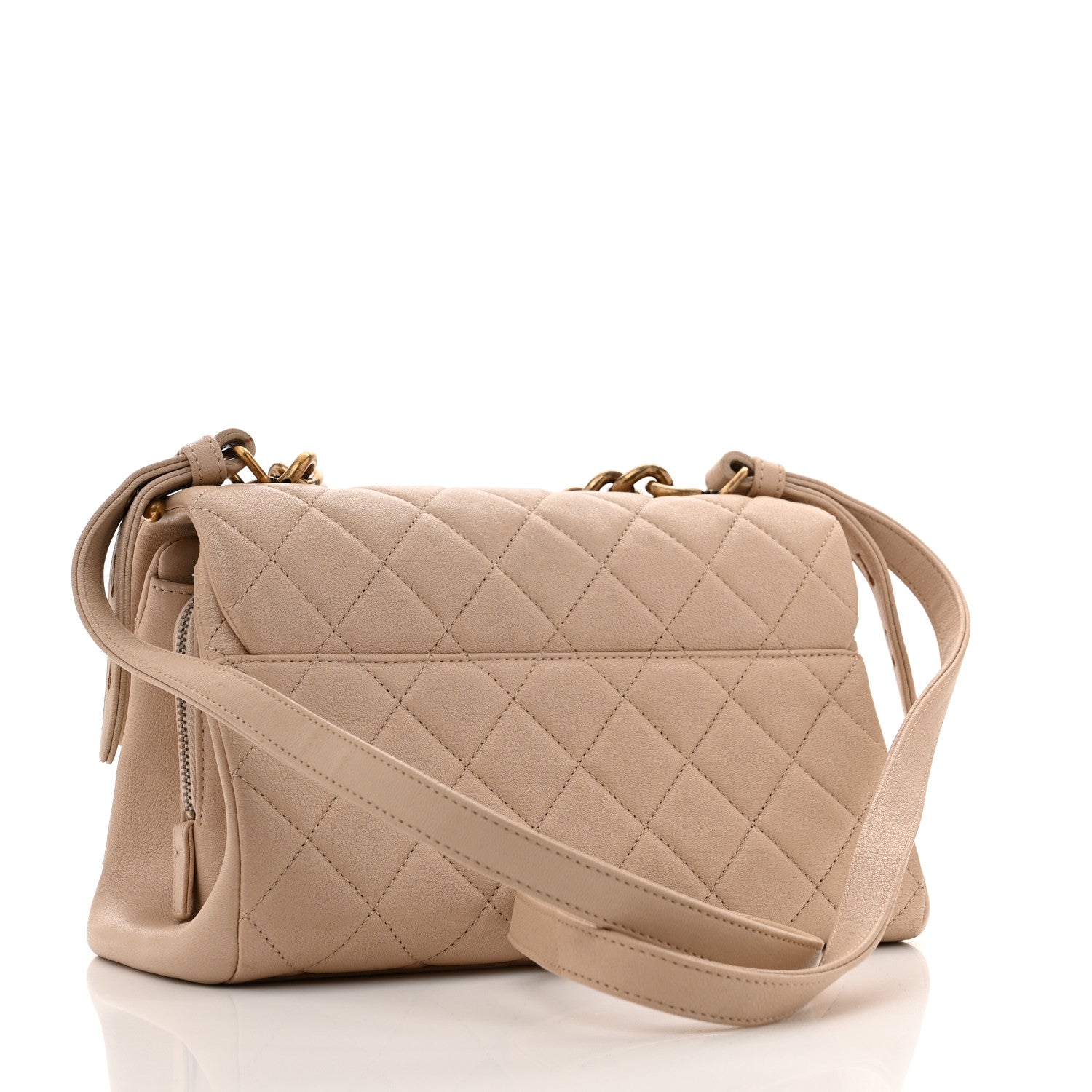Shiny Sheepskin Quilted Small Trapezio Flap Beige
