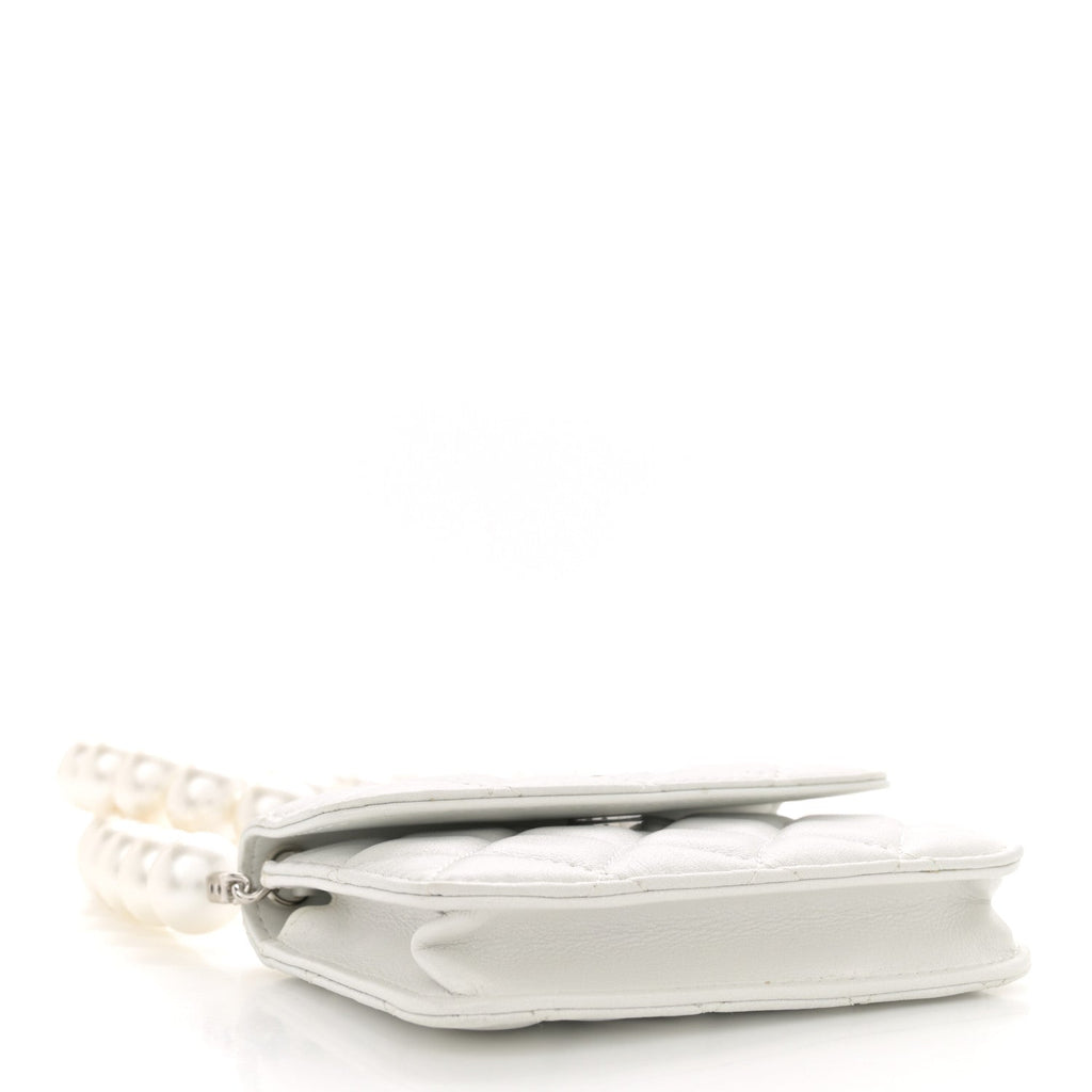 Iridescent Calfskin Quilted Mini Maxi Pearls Wallet On Chain WOC White