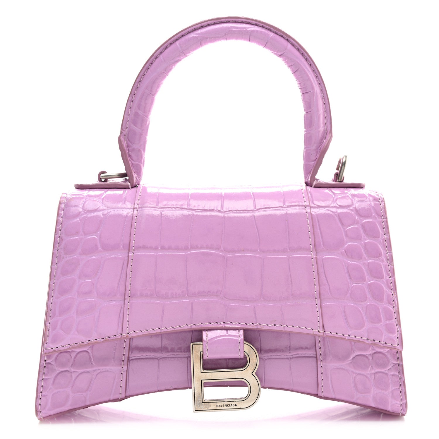 Shiny Calfskin Crocodile Embossed Hourglass Top Handle Bag XS Lilac