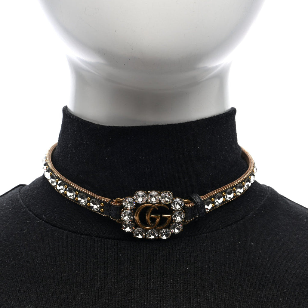 Calfskin Crystal Embellished Double G Choker Necklace Black