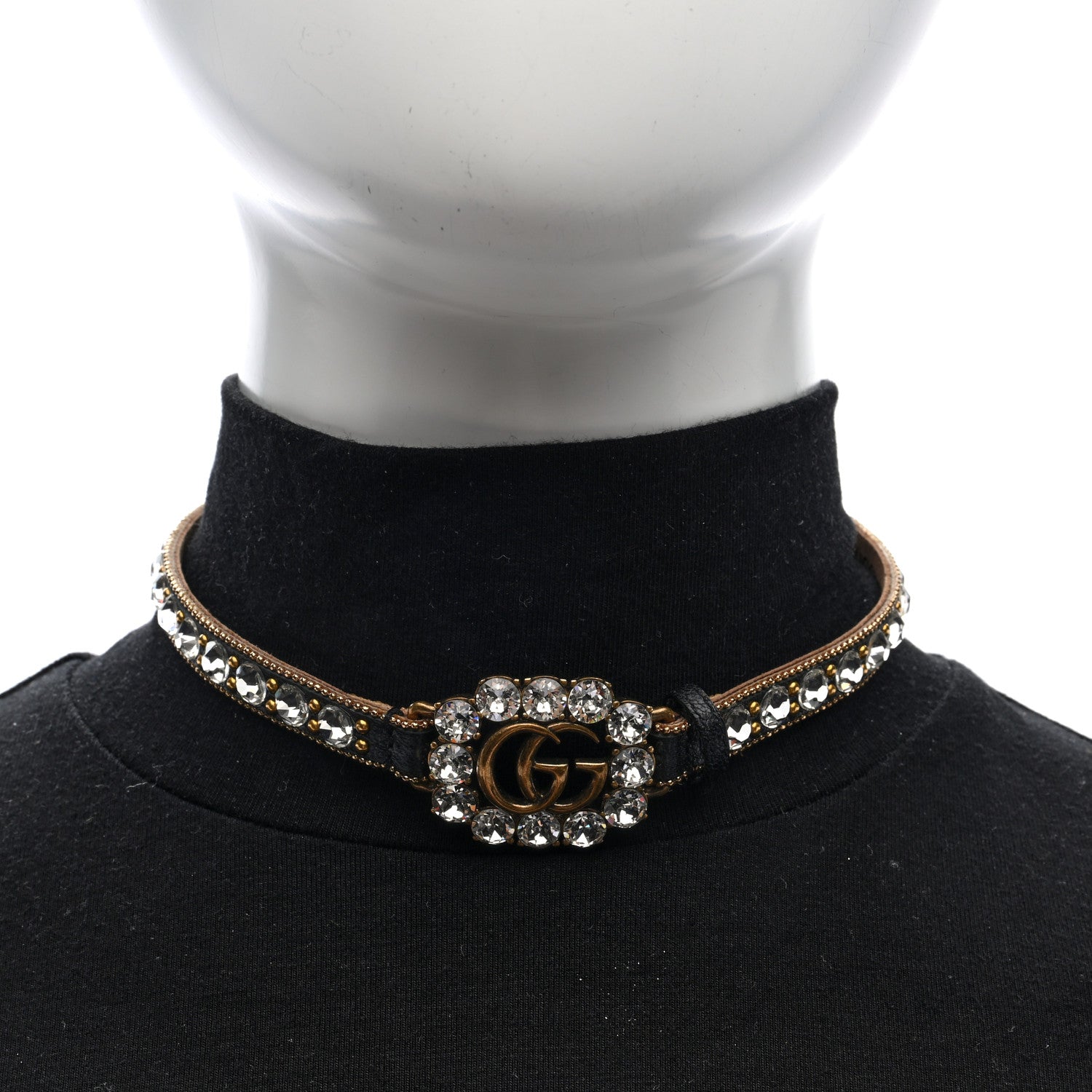 Calfskin Crystal Embellished Double G Choker Necklace Black