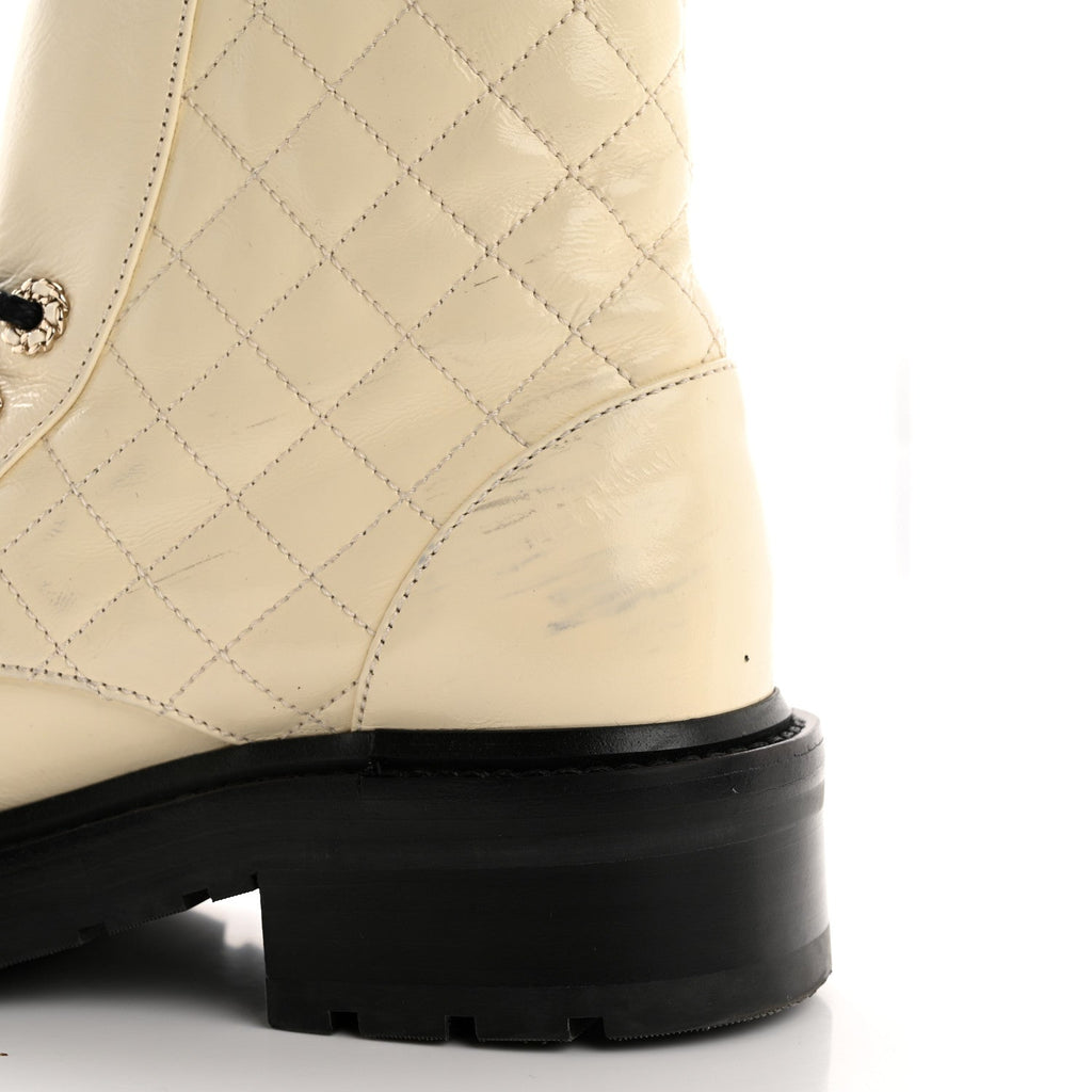 Shiny Lambskin Quilted Lace Up Combat Boots 36.5 White Black