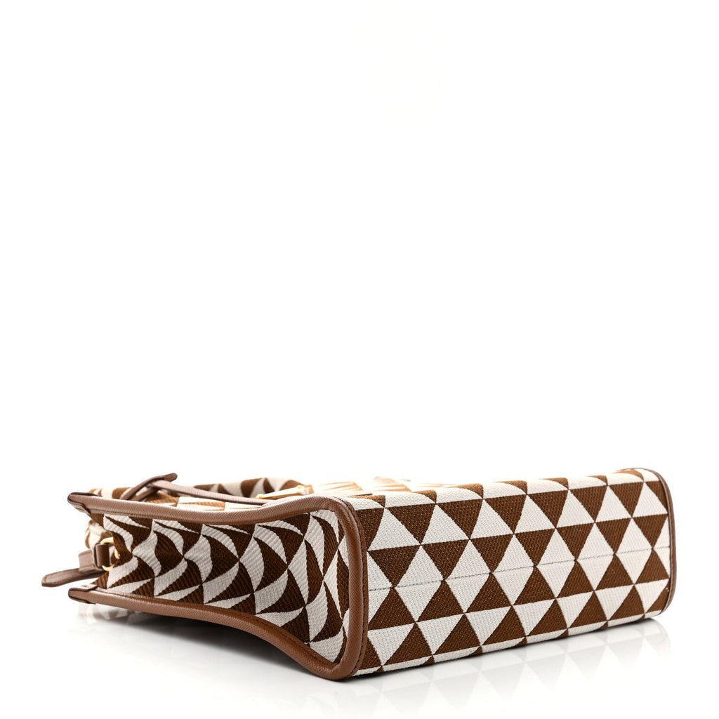 Jacquard Saffiano Triangolo Symbole Embroidered Small Tote Tobacco Talco