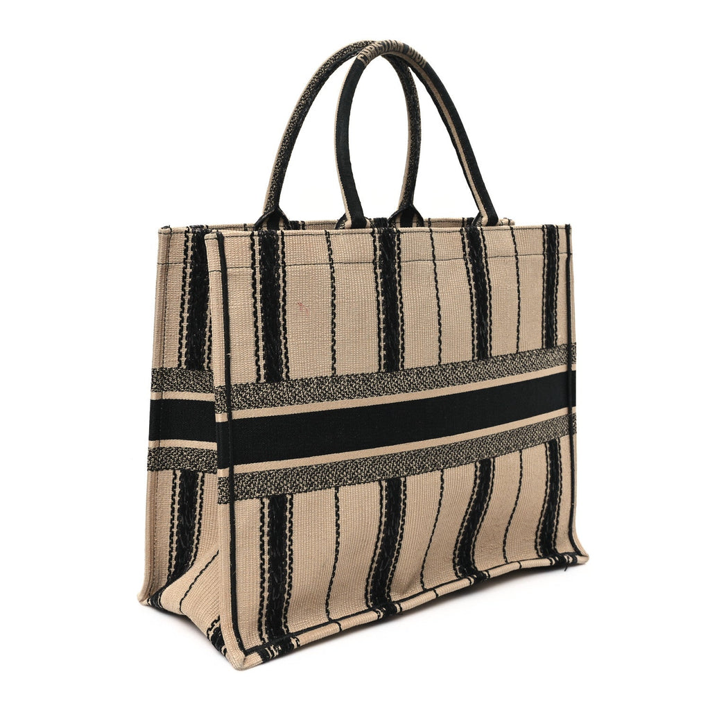 Canvas Embroidered Large Bayadere Book Tote Black Beige