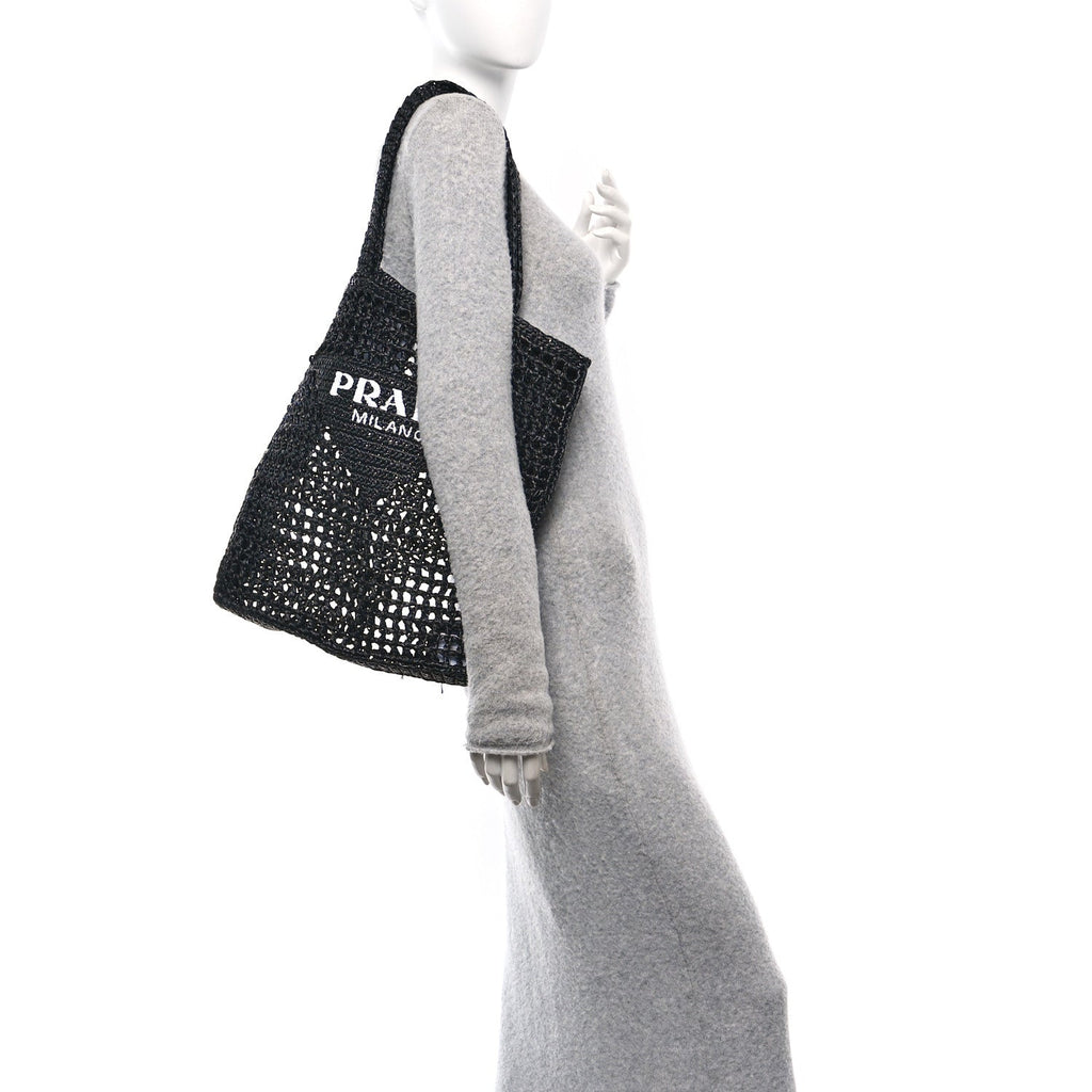 Yarn Raffia Effect Crochet Logo Embroidered Tote Bag Black