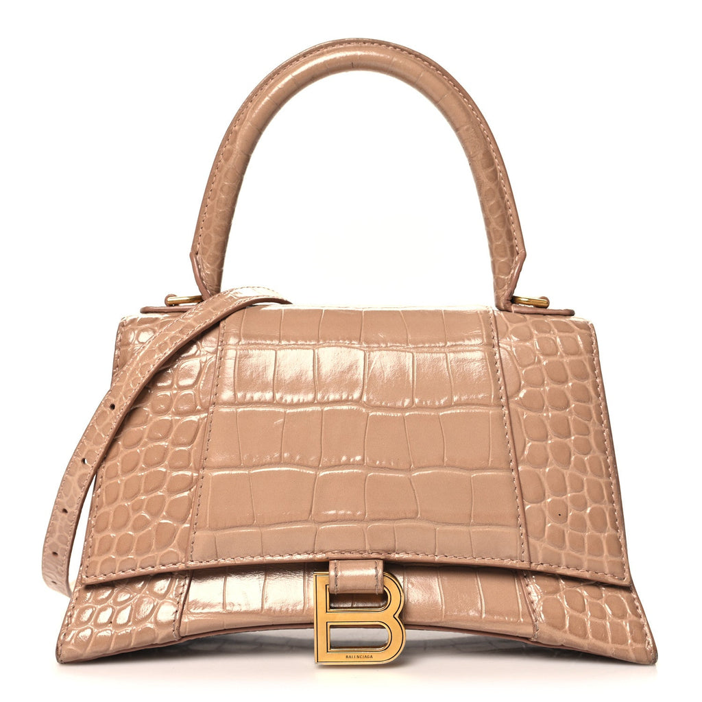 Shiny Calfskin Crocodile Embossed Small Hourglass Top Handle Bag Nude Beige