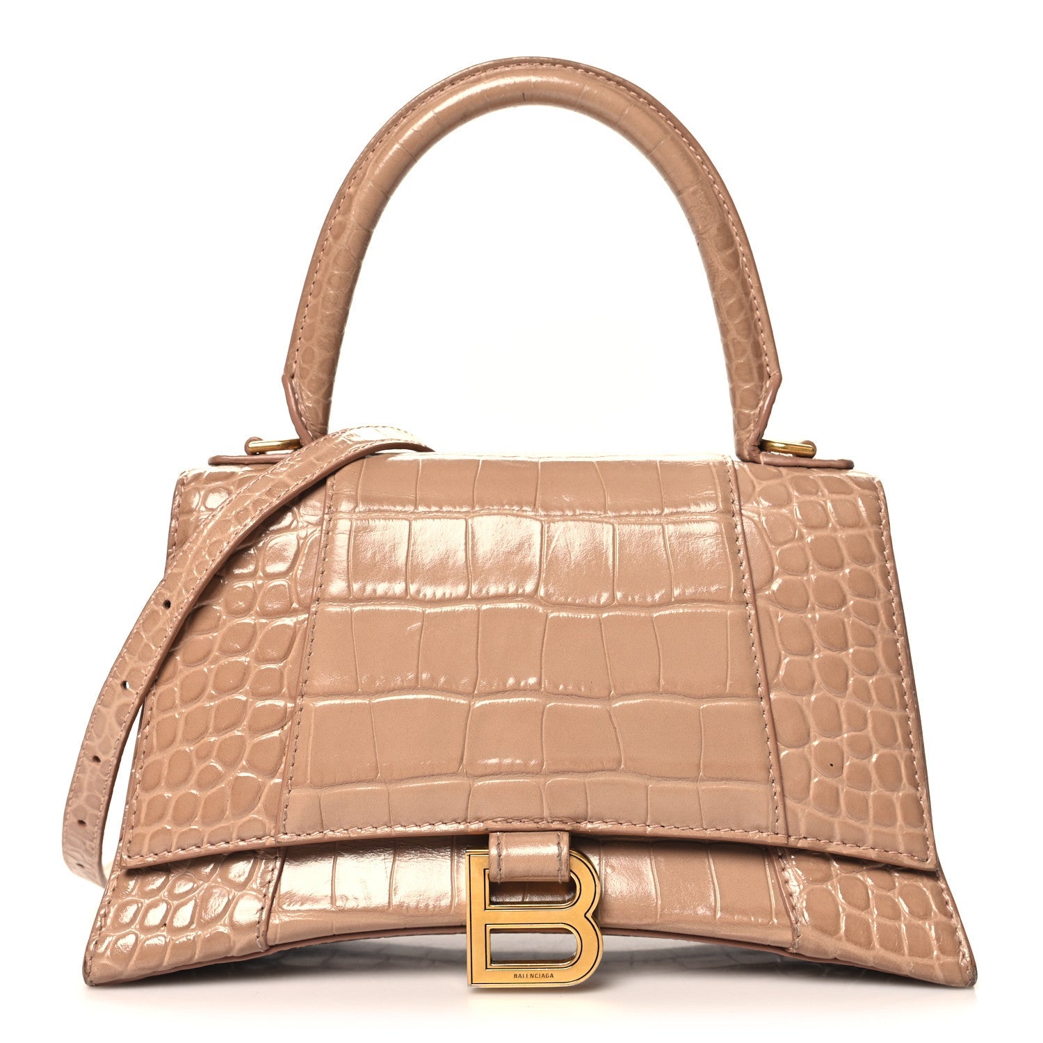 Shiny Calfskin Crocodile Embossed Small Hourglass Top Handle Bag Nude Beige