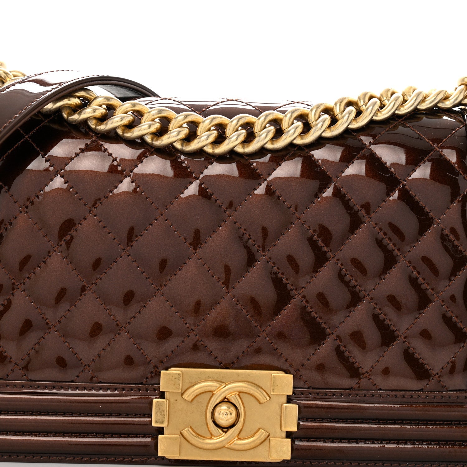 Metallic Patent Calfskin Quilted Medium Boy Flap Brown